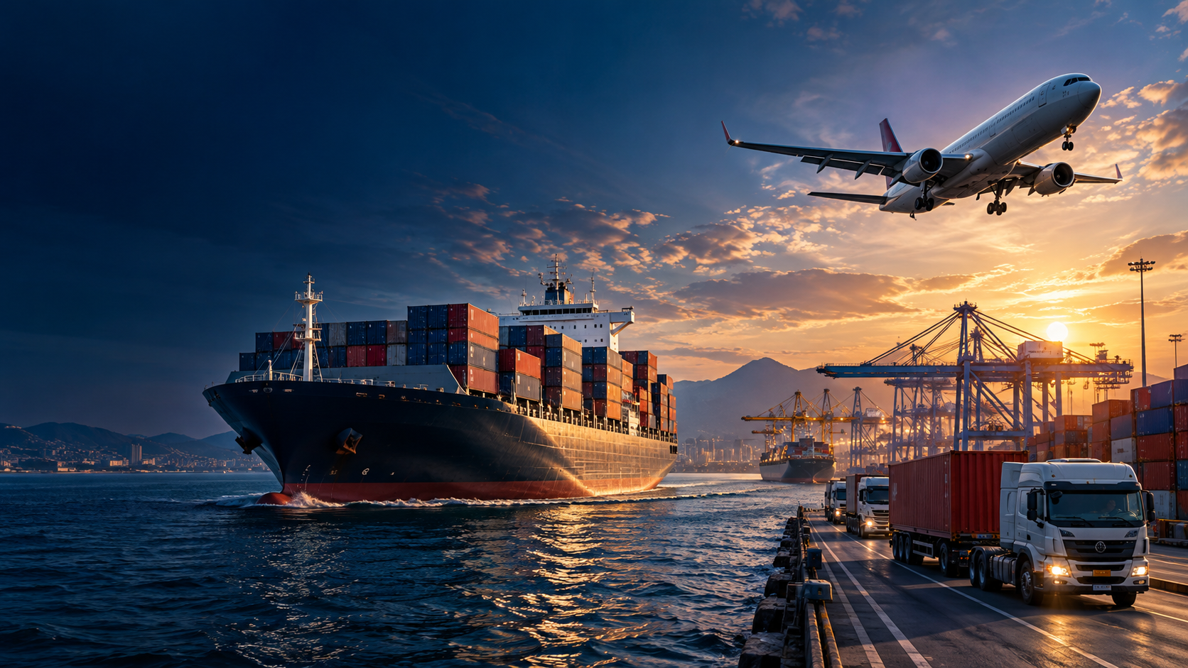 Container vessel, cargo aircraft and trucks at a port at sunset
